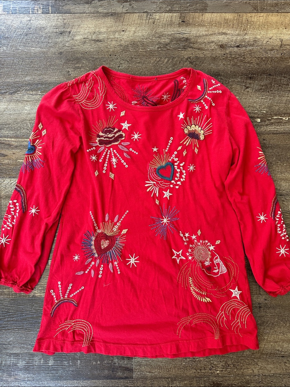 Johnny Was Red Embroidered Long-Sleeve Tee